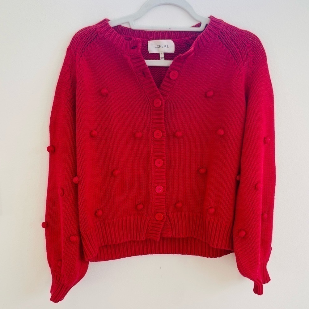 The GREAT. raspberry red Bobble cardigan crewneck sweater M Rare - Picture 4 of 9